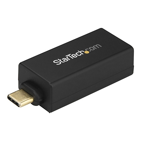 Schwarzer USB-C-Adapter mit goldenem Stecker. StarTech.com Schriftzug oben rechts.