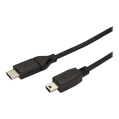 Ein schwarzes USB-Kabel, das an beiden Enden unterschiedliche Anschlüsse aufweist.