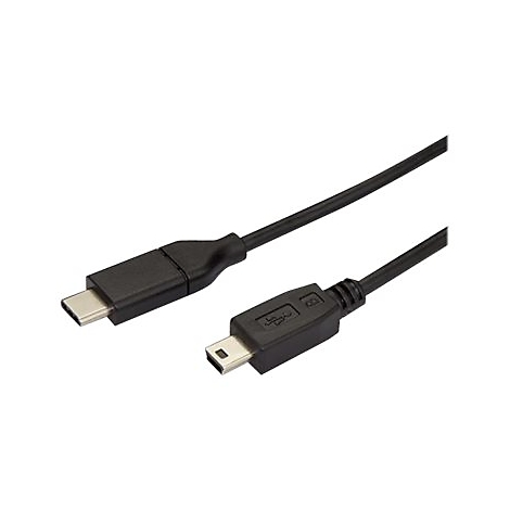 Schwarzes USB-Kabel mit Typ-C und Mini-USB-Anschlüssen, isoliert vor weißem Hintergrund.