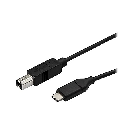 Ein schwarzes USB-Kabel, das an einem Ende einen USB-B-Stecker und am anderen Ende einen USB-C-Stecker hat.