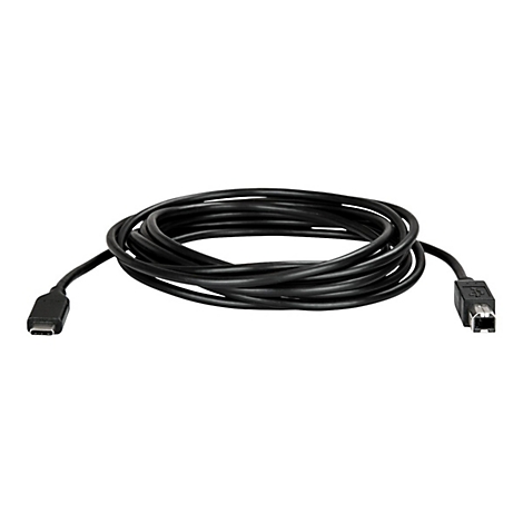 Ein schwarzes Kabel, aufgerollt. An beiden Enden sind unterschiedliche Stecker angebracht.