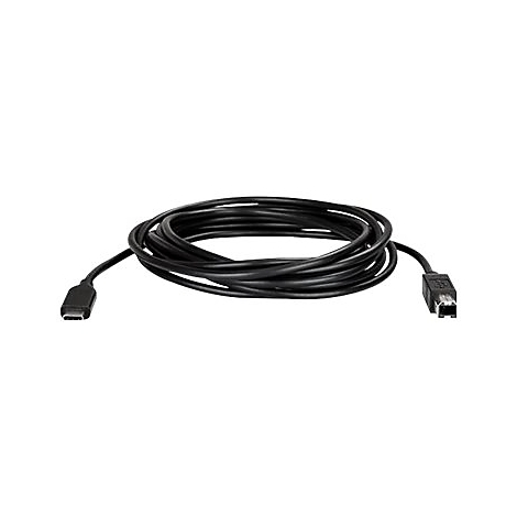 Ein schwarzes Kabel, das zu einer Spirale aufgerollt ist, mit einem USB-C-Anschluss und einem anderen Anschluss.