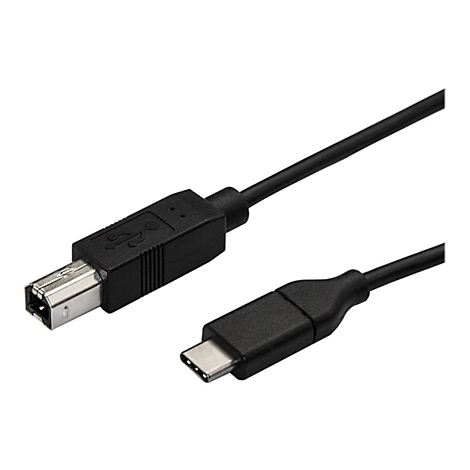 Schwarzes USB-Kabel, ein Ende USB-B-Anschluss, das andere USB-C-Anschluss. Beide Stecker sind deutlich zu erkennen.