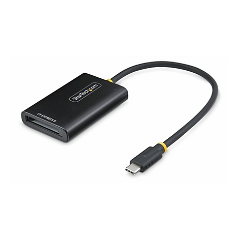 Schwarzer CFexpress B Kartenleser mit USB-C Kabel. Aufschrift: StarTech.com und CF EXPRESS B.