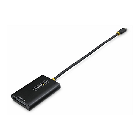 Schwarzer CFexpress B Kartenleser mit USB-C Kabel. Aufschrift StarTech.com und CF EXPRESS B. Auf hellem Grund.