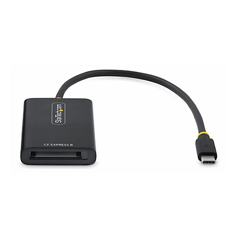 Schwarzer CFexpress B Kartenleser mit USB-C Kabel. Auf dem Lesegerät steht Startech.com und CF Express B.