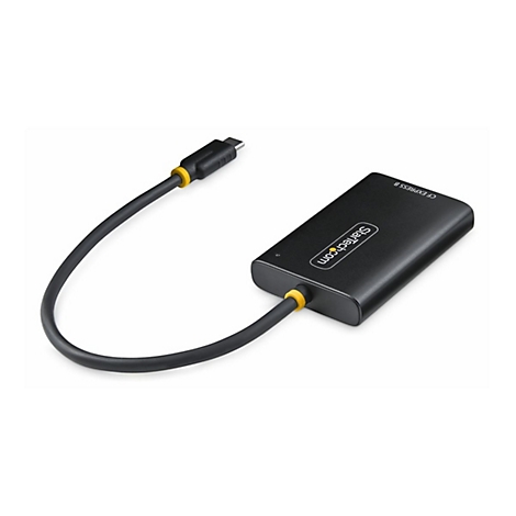 Schwarzer CFexpress-Kartenleser mit gelben Akzenten und Kabel, StarTech.com Logo.