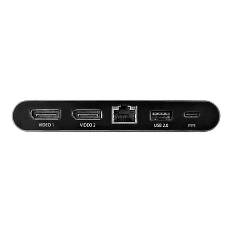 Dunkles Gerät mit Anschlüssen: Video 1, Video 2, Ethernet, USB 2.0 und USB-C. Beschriftet.