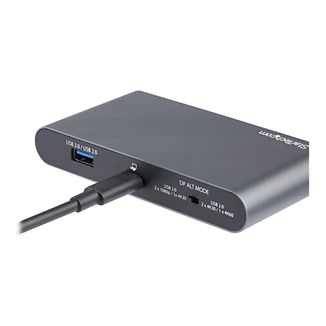 Grauer USB-Hub, Kabel eingesteckt. Beschriftung: USB 3.0/USB 2.0, StarTech.com und DP ALT MODE.