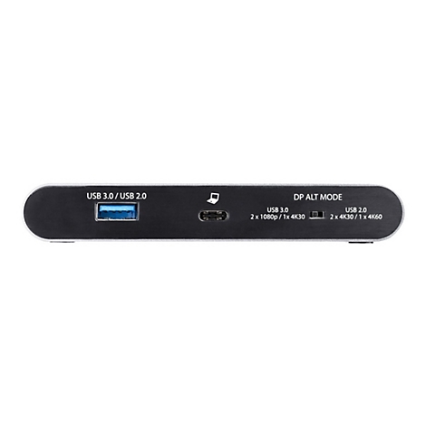 Ein silberfarbener USB-Hub mit verschiedenen Anschlüssen und Beschriftungen, wie USB 3.0, DP ALT MODE und Auflösungsangaben.
