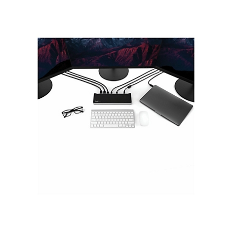 Station d'accueil noire sur un bureau avec moniteurs, clavier, souris et ordinateur portable connectÃ©s.