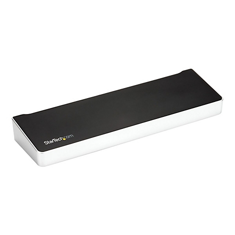 Appareil Ã©lectronique long, noir et blanc. Logo StarTech.com.