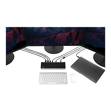 Bureau avec trois moniteurs, un ordinateur portable, un clavier, une souris et une station d'accueil.