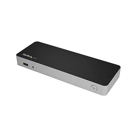 Graue und schwarze Dockingstation mit StarTech.com Logo und Power Knopf.