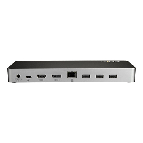 Grau-schwarze Dockingstation mit verschiedenen AnschlÃ¼ssen, wie HDMI, USB, Ethernet und Stromanschluss.