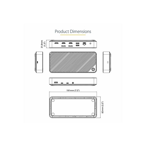 Technisches Diagramm, das die Abmessungen eines Produkts zeigt. Es enthÃ¤lt Ansichten von oben, unten und der Seite. MaÃŸe in mm und Zoll.