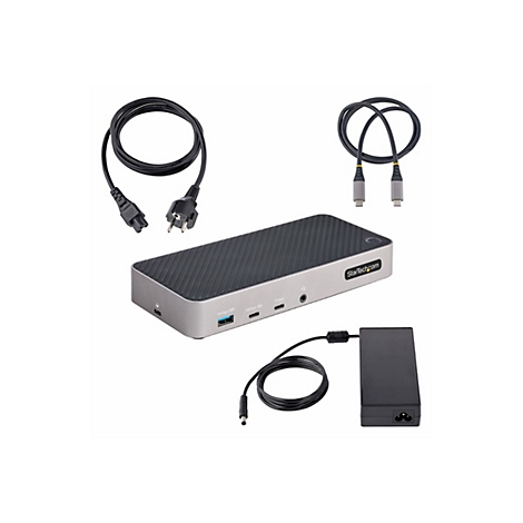 Dockingstation mit Kabeln und Netzteil. Das Produkt ist auf weiÃŸem Hintergrund abgebildet. Kabel in Schwarz.