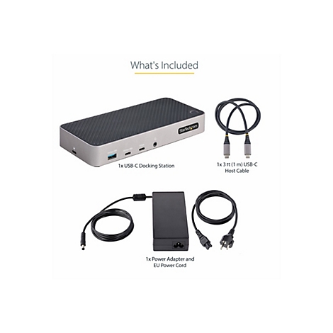 Draufsicht auf eine USB-C-Dockingstation mit ZubehÃ¶r, darunter Kabel und Netzteil, auf weiÃŸem Hintergrund.