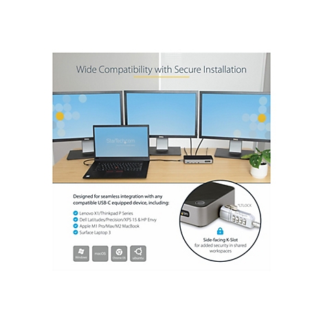 Schreibtisch mit Laptop, Monitoren und einem Sicherheitsschloss-Dockingstation. Text: Wide Compatibility with Secure Installation.