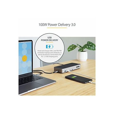 Ein Laptop, ein Smartphone und eine Dockingstation auf einem Holztisch. Im Hintergrund steht eine Topfpflanze.