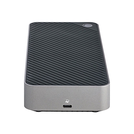 Grau-schwarzer externer Festplatten-Speicher mit geriffelter OberflÃ¤che. Oberseite mit Power-Knopf. Unten Anschluss.