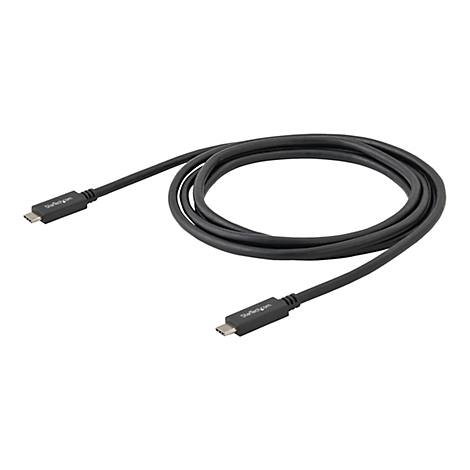 Ein schwarzes USB-C-Kabel, das zu einer Schlaufe geformt ist, mit StarTech.com-Logo auf den Steckern.