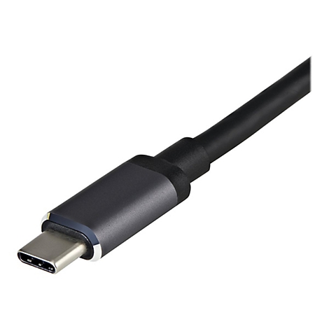 Nahaufnahme eines USB-C-Kabels mit grauem Stecker und schwarzem Kabel.
