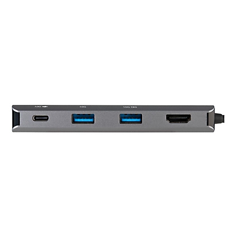 Grauer USB-C-Hub mit AnschlÃ¼ssen. Enthaltene AnschlÃ¼sse: Stromversorgung, USB 3.0, HDMI.