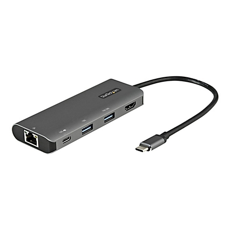 Grauer USB-C-Hub mit mehreren AnschlÃ¼ssen, einschlieÃŸlich Ethernet, USB und HDMI.