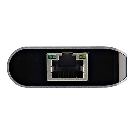 Nahe Ansicht eines schwarzen Netzwerkadapters mit silbernen Kanten, einem Ethernet-Anschluss und grÃ¼nen und gelben Lichtern.