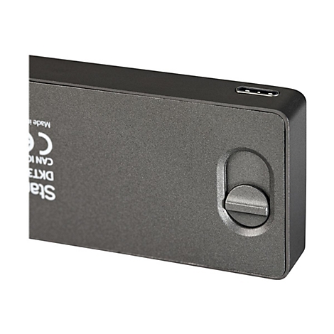 Grauer, rechteckiger Stecker mit USB-C-Anschluss und Schiebemechanismus.