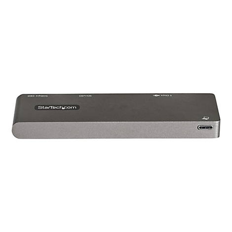 Grauer USB-C Hub mit AnschlÃ¼ssen, StarTech.com Logo auf der Oberseite.