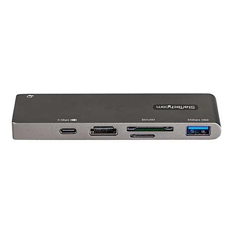 Grauer USB-C-Hub mit mehreren AnschlÃ¼ssen, wie USB, HDMI und SD-Kartenleser. Aufschrift: StarTech.com.