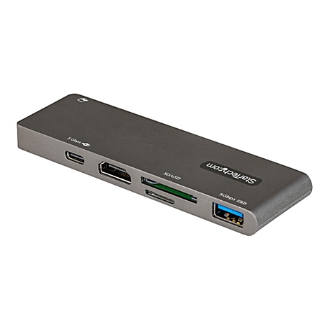 Grauer USB-C-Hub mit verschiedenen AnschlÃ¼ssen: HDMI, SD-Kartenleser, USB-A und USB-C.