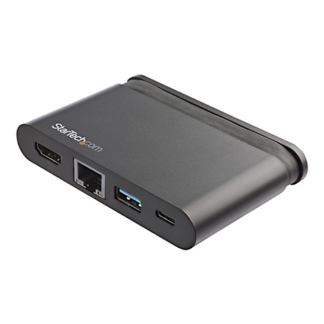 Schwarzer USB-C-Hub mit HDMI-, Ethernet- und USB-AnschlÃ¼ssen. StarTech.com-Logo sichtbar.