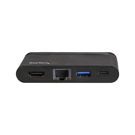 Schwarzer USB-C-Hub mit verschiedenen AnschlÃ¼ssen: HDMI, Ethernet, USB und USB-C-Anschluss. Aufschrift StarTech.com.