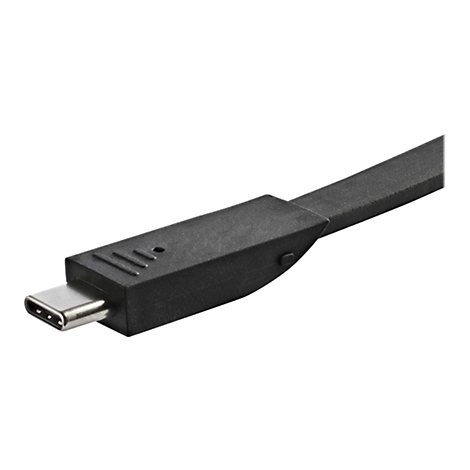 Nahe Aufnahme eines schwarzen USB-C-Kabels. Der Stecker ist silbern.