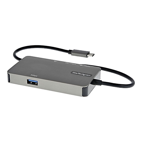 Ein grauer USB-C-Hub mit Kabel und USB-A-Anschluss, vor weiÃŸem Hintergrund.