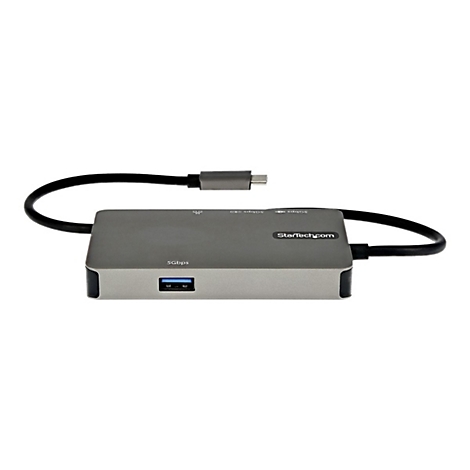 Grauer USB-C-Hub von StarTech.com mit Kabeln und AnschlÃ¼ssen.