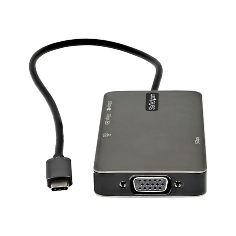Ein grauer USB-C-Adapter mit VGA-Anschluss. Der Adapter hat ein Kabel mit USB-C-Stecker.