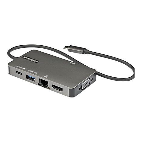 Grauer USB-C-Hub mit diversen AnschlÃ¼ssen, verbunden Ã¼ber ein schwarzes Kabel.