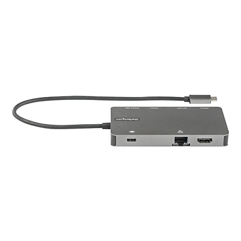 Grauer USB-C-Hub mit Kabel. Auf der Oberseite befinden sich AnschlÃ¼sse mit Beschriftung.