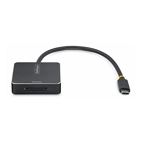 Schwarzer SD-Kartenleser mit USB-C-Anschluss, StarTech.com Logo und SD Express Schriftzug.