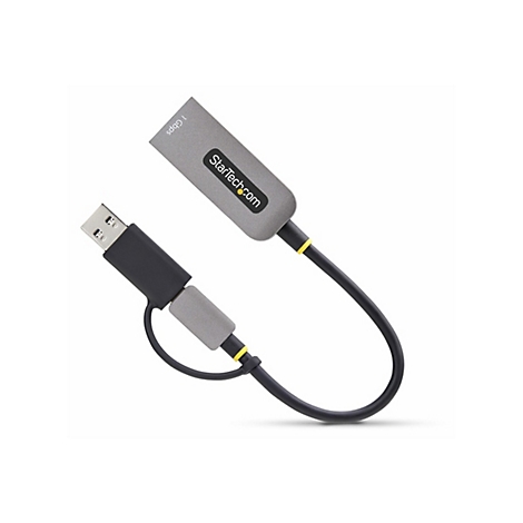 Adaptateur USB vers Ethernet gris. StarTech.com et 1 Gbit/s sont inscrits sur l'adaptateur. L'adaptateur est doté d'un câble noir et d'accents jaunes.
