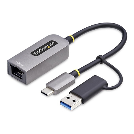 Adaptateur réseau gris avec connexions USB-C et USB-A. Inscription : StarTech.com et 1 Gbit/s.