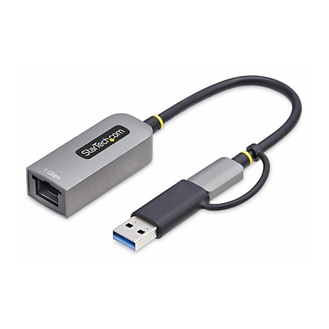 Adaptateur USB Ethernet gris avec câble, logo StarTech.com et les mots 1 Gbit/s.