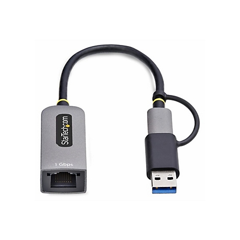 Un adaptateur USB vers Ethernet gris StarTech.com avec un câble noir, des accents jaunes et un connecteur USB.