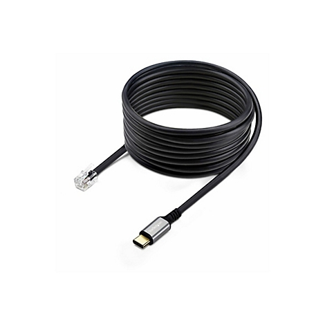 Ein schwarzes Netzwerkkabel, aufgerollt und mit einem RJ45-Stecker und einem USB-C-Anschluss versehen, vor weißem Hintergrund.