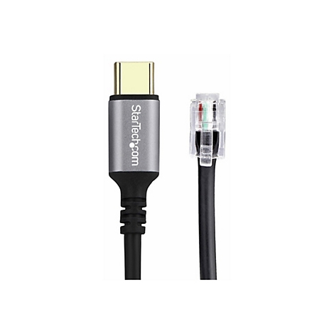 Ein USB-C-auf-RJ45-Adapterkabel vor weißem Hintergrund. Der USB-C-Stecker ist silberfarben mit dem StarTech.com-Logo. Der RJ45-Stecker ist transparent.