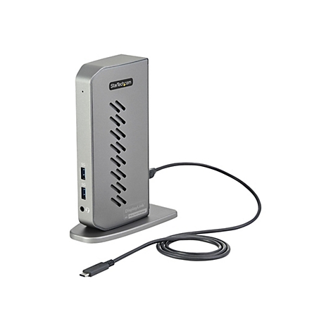 Graue Dockingstation mit USB-C-Kabel. Logo: StarTech.com. Steht auf einer Basis.